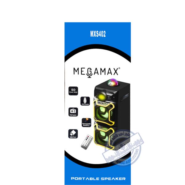 MEGAMAX MXS402 PORTABLE SPEAKER سماعة متنقلة من ميجاماكس صغيرة الحجم مع بلوتوث ويواس بي واضاءة مناسبة للاستخدام في المنزل والأمكان المحدودة